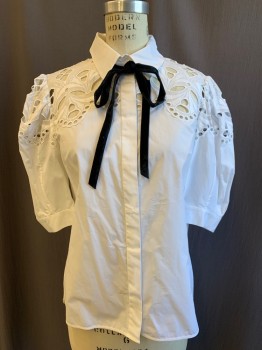 Womens, Blouse, SANDRO, White, Cotton, Solid, M, Eyelet Embroidery Top, Button Front with Hidden Placket, Collar Attached, Short Sleeves Pleated at Cuff, Black Velvet Ribbon Attached at Back Neck