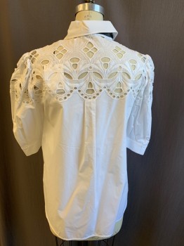 SANDRO, White, Cotton, Solid, Eyelet Embroidery Top, Button Front with Hidden Placket, Collar Attached, Short Sleeves Pleated at Cuff, Black Velvet Ribbon Attached at Back Neck