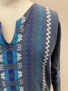 N/L, Blue, White, Turquoise Blue, Cotton, Ikat, V-N, L/S, Vertical Pattern, Side Vents