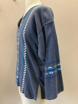 N/L, Blue, White, Turquoise Blue, Cotton, Ikat, V-N, L/S, Vertical Pattern, Side Vents