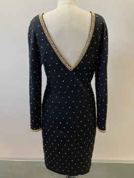 ETAL, Black, Acrylic, Wool, Solid, Round Neck, L/S, Low V Cut Back, Gold Sphere Beads,