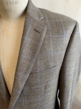 Mens, Sportcoat/Blazer, RALPH LAUREN, Lt Brown, Blue, Wool, Silk, Plaid-  Windowpane, 40S, Single Breasted, 2 Buttons,  3 Pockets, Notched Lapel, Double Vent