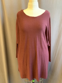 Womens, Pullover, I.N.C., Red Burgundy, Acrylic, Nylon, Solid, 1X, Wide Scoop Neck, Dolman Long Sleeves, Long, Rounded Hem, High-Low Hem