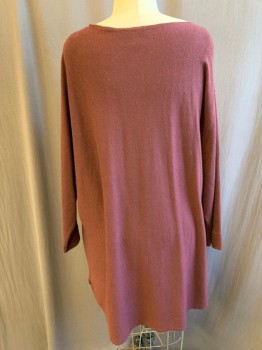 Womens, Pullover, I.N.C., Red Burgundy, Acrylic, Nylon, Solid, 1X, Wide Scoop Neck, Dolman Long Sleeves, Long, Rounded Hem, High-Low Hem