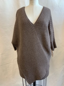 Womens, Pullover Sweater, VINCE, Brown, Wool, Heathered, S, Deep V-neck, Short Sleeves, Cross Over Front Detail, V Back, Horizontally and Vertically Ribbed