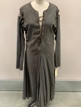 Womens, Historical Fiction Dress, N/L, Gray, Cotton, Solid, Basket Weave, W 34, B 38, 4, Aged/Distressed,  Puckered Texture, Lace Up Front, Lace Up Sleeves, Lace Up Underarms, Freyed Hem And Cuffs, Paneled Skirt