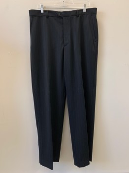 CLAIBORNE, Black, Gray, Polyester, Stripes - Pin, F.F, Side Pockets, Zip Front, Belt Loops,