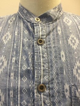 WAH MAKER, Slate Blue, Lt Gray, Cotton, Diamonds, Stripes - Vertical , Heather Slate Blue with Gray Diamond Vertical  Print, Stand Collar Attached, Metal Button Front, Long Sleeves, 1 Pocket, Doubles,