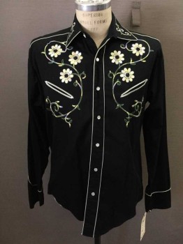 ROCKMOUNT, Black, Cotton, Solid, Floral, Long Sleeves, Collar Attached, Snap Front, Floral Embroidery, Cream Piping
