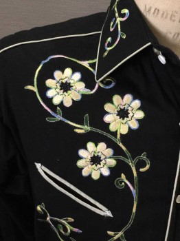 Mens, Western, ROCKMOUNT, Black, Cotton, Solid, Floral, S, Long Sleeves, Collar Attached, Snap Front, Floral Embroidery, Cream Piping