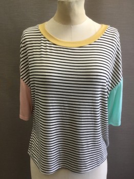 GINGER G, Black, White, Rayon, Spandex, Stripes, Color Blocking, 1 Mint/1 Lt Pink Short Sleeve, Yellow Boat Neck