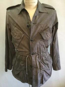 Mens, Casual Jacket, N/L, Gray, Cotton, Solid, S, 6 Button Front, Hip Length, Drawstring At Waist, 4 Pockets, Epaulettes At Shoulders, No Lining, Overall Teched/Worn Down Appearance