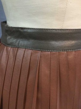 Womens, Skirt, Mini, BLOSSOM & CLOVER, Brown, Taupe, Faux Leather, Solid, 0, Brown Micropleated, with 1.5" Wide Taupe Waistband, Invisible Zipper At Side, Hem Mini,  Brown Fabric Lining