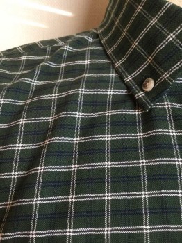 ST JOHN'S BAY, Forest Green, Navy Blue, White, Cotton, Polyester, Plaid, Button Down Collar, Long Sleeves, Button Front, 1 Pocket,