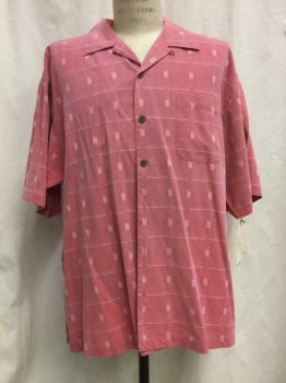 TOMMY BAHAMA, Pink, Silk, Novelty Pattern, Pink, Novelty Print, Button Front, Open Collar Attached, Short Sleeves, 1 Pocket,