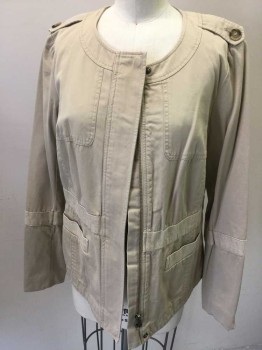 Womens, Casual Jacket, COMPTOIR DES COTONNI, Khaki Brown, Cotton, Solid, Small, Zip Front, 2 Pockets, Epaulets, Elastic Waist Back Zipper Detail on Sleeves