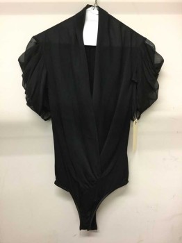 Fox 59, Black, Polyester, V-neck, Surplice, Gathered Short Sleeve,  Sheer Attached Thong