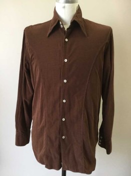 WHAT COMES AROUND GO, Brown, Cotton, Solid, Corduroy, Button Front, Pointy Collar Attached, Seams From Mid Sleeve to Hem