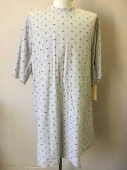 Unisex, Patient Gown, N/L, White, Gray, Maroon Red, Cotton, Stripes, Diamonds, OS, Gray and White Stripe with Maroon Diamond Pattern, Open Back, Short Sleeve, White Twill Tape Double Tie Back