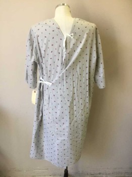 Unisex, Patient Gown, N/L, White, Gray, Maroon Red, Cotton, Stripes, Diamonds, OS, Gray and White Stripe with Maroon Diamond Pattern, Open Back, Short Sleeve, White Twill Tape Double Tie Back