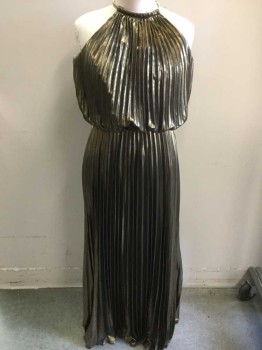 Womens, Evening Gown, MSK, Bronze Metallic, Gold, Polyester, Solid, 8, Pleated, Pullover, Center Back Keyhole, Gold Choker Hold Up the Neckline