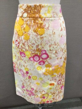 Womens, Skirt, Below Knee, J.CREW, Cream, Lt Pink, Yellow, Red, Brown, Cotton, Spandex, Abstract , Reptile/Snakeskin, 0, Cream, Yellow, Light Pink, Fuchsia, Red, Brown Reptile Abstract  Print, Fitted, Zip Back, Split Center Back Hem