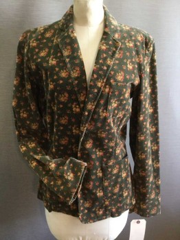 Womens, Blazer, RALPH, Olive Green, Red, Mustard Yellow, Cotton, Floral, M, Single Breasted, 2 Buttons,  Notched Lapel, 3 Patch Pocket, Unlined