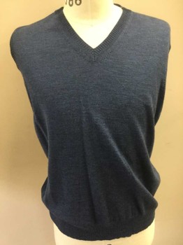 FACONNABLE, Steel Blue, Wool, Solid, Knit, V-neck,