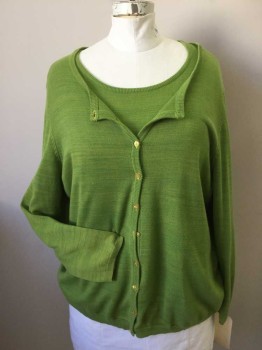JESSICA LONDON, Lime Green, Cotton, Acrylic, Solid, Short Sleeve, Ribbed Knit Scoop Neck/Waistband/Cuff