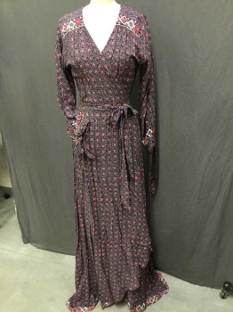 Womens, Dress, Long & 3/4 Sleeve, NATALIE MARTIN, Purple, Lavender Purple, Red, Pink, Rayon, Cotton, Floral, M, Wraparound V-neck, Long Sleeves, Floor Length