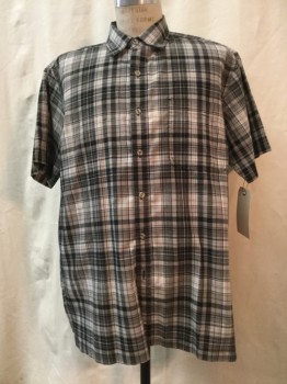 Mens, Casual Shirt, DICKIES, Black, Gray, White, Lt Brown, Cotton, Polyester, Plaid, L, Black/ Gray/ White/ Lt Brown Plaid, Button Front, Collar Attached, Short Sleeves, 1 Pocket,