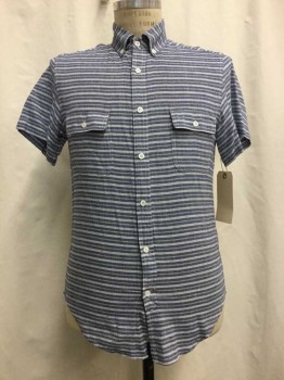 SHADES OF GRAY, Navy Blue, White, Blue, Cotton, Stripes, Navy/white/blue Stripes, Button Down Collar, Short Sleeve, 2 Flap Pockets
