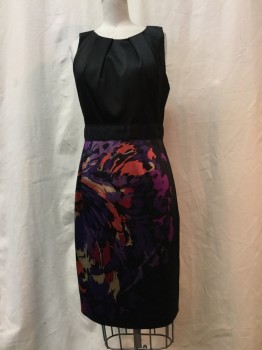 T TAHARI, Black, Purple, Orange, Beige, Polyester, Elastane, Abstract , Black, Multi Purple/ Orange/ Beige Abstract Print Skirt, Self Belt, Pleated Round Neck,  Sleeveless,