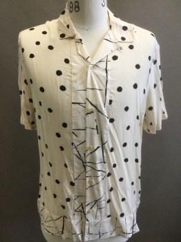 ALL SAINTS, Cream, Black, Viscose, Polka Dots, Abstract , Cream with Irregular Polka Dots Pattern, Short Sleeve Button Front, Collar Attached,  Abstract Lines Pattern on Center Button Placket and 3" Wide Panel at Hem