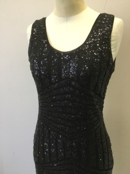 Womens, Cocktail Dress, VENCCI, Black, Synthetic, Sequins, M, Tiny Sequins and Black Mesh Knit Nett Geometric Novelty Stripe Pattern. Scoop Neck, Sleeveless, Fitted, Zipper Center Back,
