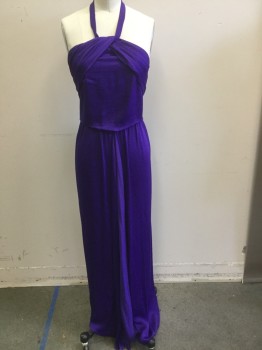 Womens, Evening Gown, BCBG, Purple, Polyester, Solid, O, Faux Silk, Halter Strap, Blousey/ Pleated Bodice with Twist Detail, Front Seam Skirt with Flutter Detail, High Slit
