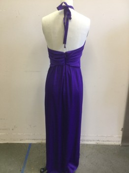 Womens, Evening Gown, BCBG, Purple, Polyester, Solid, O, Faux Silk, Halter Strap, Blousey/ Pleated Bodice with Twist Detail, Front Seam Skirt with Flutter Detail, High Slit