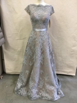SIVALIA, Lt Gray, Polyester, Beaded, Floral, Boat Neck, Cap Sleeves, Back Zipper, Deep V-back, All Lace Lined in Lt Beige, Attached Ribbon Belt, Boned