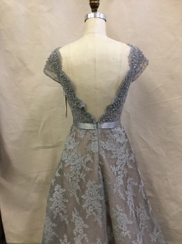 SIVALIA, Lt Gray, Polyester, Beaded, Floral, Boat Neck, Cap Sleeves, Back Zipper, Deep V-back, All Lace Lined in Lt Beige, Attached Ribbon Belt, Boned