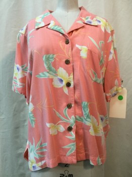 TAHITI, Salmon Pink, Purple, Yellow, Green, Rayon, Tropical , Salmon Pink, Purple/ Yellow/ Green Tropical Print, Button Front, V-neck, Collar Attached, Notched Lapel, Short Sleeves, 1 Pocket,