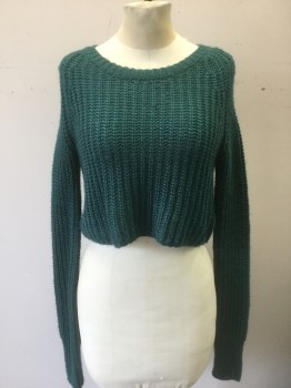 KIMCHI BLUE, Forest Green, Acrylic, Wool, Solid, Loose Ribbed Knit, Long Sleeves, Boxy Cropped Fit, Wide Scoop Neck