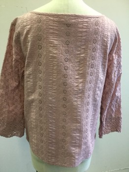 GAP, Dusty Rose Pink, Cotton, Solid, Ballet Neck, 3/4 Sleeves W/crochet Cuff, Eyelet Pattern
