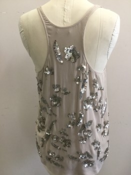 CLUB MONACO, Beige, Silver, Silk, Solid, Tank Style, Silver Sequined Cluster Applique, Lining