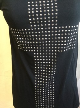 Womens, Top, BEAR DANCE, Black, Cotton, Polyester, Solid, S, Scoop Neck, 2" Straps, Small Metal Studs Cross Work Front