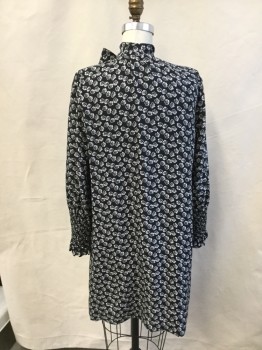 REBECCA TAYLOR, Black, Off White, Silk, Floral, V-neck, with SELF Neck Tie, Long Sleeves, with Smocking Near Hem, Loose Fit, Solid Black Lining
