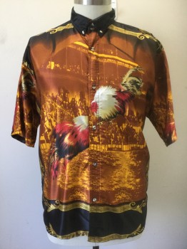 WAZ TK, Multi-color, Brown, Black, Goldenrod Yellow, Red, Polyester, Novelty Pattern, Abstract Cityscape with Fighting Roosters, Black with Golden Yellow Baroque Swirls, Satin, Short Sleeve Button Front, Collar Attached, Button Down Collar