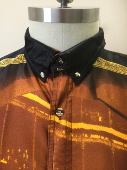 WAZ TK, Multi-color, Brown, Black, Goldenrod Yellow, Red, Polyester, Novelty Pattern, Abstract Cityscape with Fighting Roosters, Black with Golden Yellow Baroque Swirls, Satin, Short Sleeve Button Front, Collar Attached, Button Down Collar