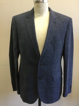 HUGO BOSS, Navy Blue, Wool, Cotton, Heathered, Single Breasted, Collar Attached, Notched Lapel, 3 Pockets, 2 Buttons,