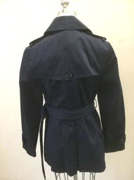 Womens, Coat, Trenchcoat, BANANA REPUBLIC, Navy Blue, Cotton, Solid, 0, Short/Hip Length Trench Coat, Twill, Double Breasted, Pleated Peplum Waist, Epaulettes at Shoulders, Belt Loops, **2 Piece: with Matching Self Fabric BELT with Black Plastic Buckle