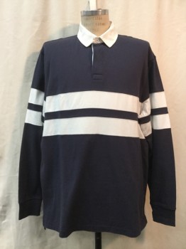 JCREW, Navy Blue, White, Cotton, Solid, Stripes, Navy, Two White Stripes, White Collar Attached, Long Sleeves,